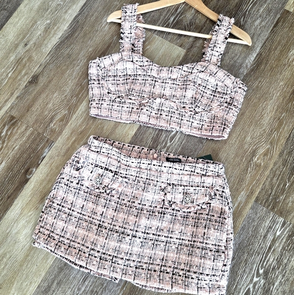 Wild Fable Tweed Boucle Tiny Tank Crop Top & Skort Set Pink NWT Skirt Spring - Picture 5 of 16